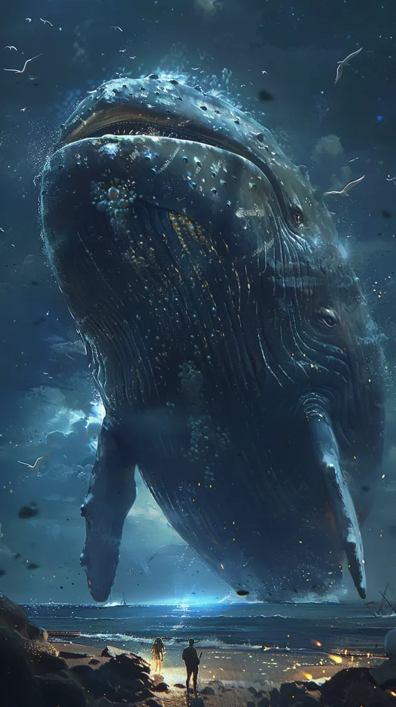 A colossal whale, its massive head and body dwarfing the beach, emerges from the ocean. Two figures, seemingly minuscule in comparison, stand on the shore, gazing up at the majestic creature. The night sky is filled with twinkling stars and a few scattered birds, adding to the ethereal atmosphere. The image evokes a sense of awe and wonder, highlighting the vastness and beauty of the natural world.