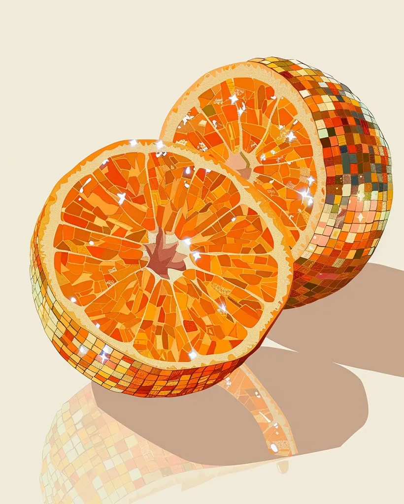 Two orange slices, stylized as a disco ball, are depicted on a pale background. The fruit's segments are made of small, colorful, square tiles, giving the impression of a shiny surface. The lighting creates a sparkling effect, highlighting the orange's juicy interior. The lower slice casts a reflection that mirrors its shape.  The image evokes a sense of playful and vibrant energy.