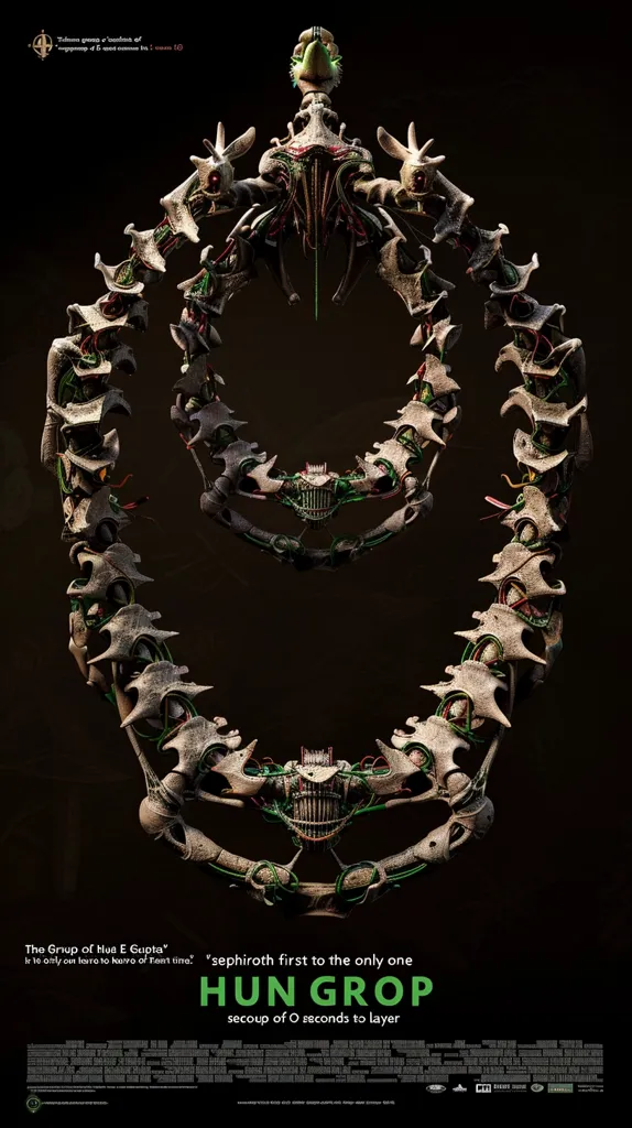 The poster features a large, intricate, and somewhat unsettling mechanical structure. It's composed of interconnected, bone-like segments and wires, with a central head-like element.  The color scheme is muted and predominantly metallic, with hints of red and green.  The title "HUN GROP" is written in a bold, stylized font below the image, along with cryptic text about "sephiroth" and "secoup of 0 seconds to layer". The overall aesthetic is futuristic and industrial, suggesting a science fiction or horror film.