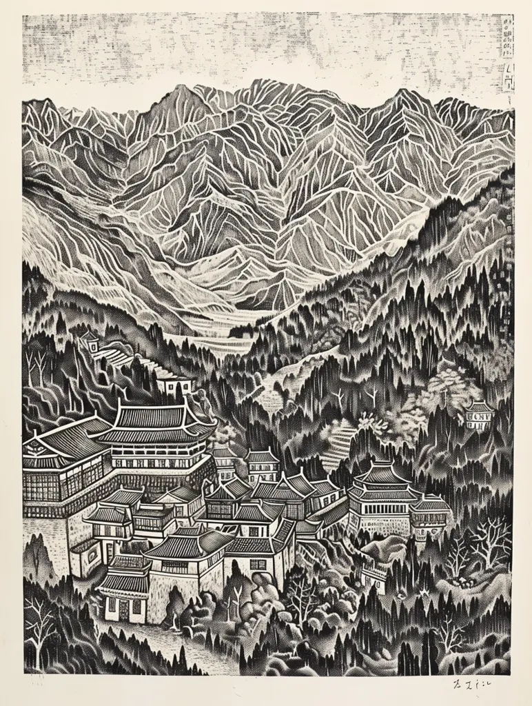 A black and white woodcut print depicts a mountain landscape with a village nestled in the foothills. The mountains are rendered in a layered style, with intricate lines suggesting their texture and form. The village is comprised of several buildings with tiled roofs, surrounded by trees and foliage. The overall composition is serene and tranquil, conveying a sense of peace and harmony with nature.