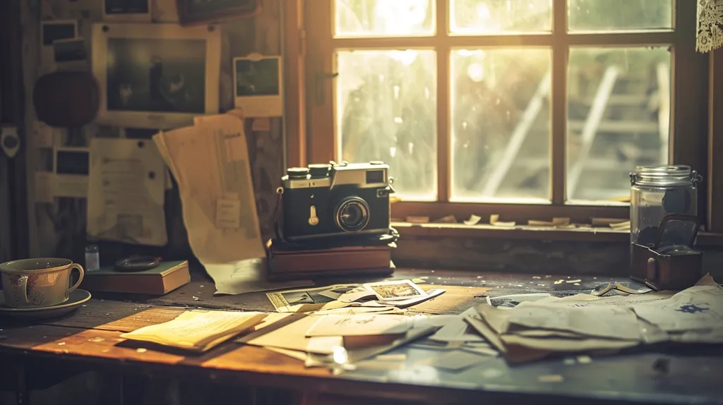 The image shows a rustic wooden desk with a vintage camera, a cup of tea, and various papers and photos scattered across its surface. Sunlight streams through a window behind the desk, casting warm shadows on the objects. The image evokes a sense of nostalgia and creativity, suggesting a space where memories are captured and stories are written.