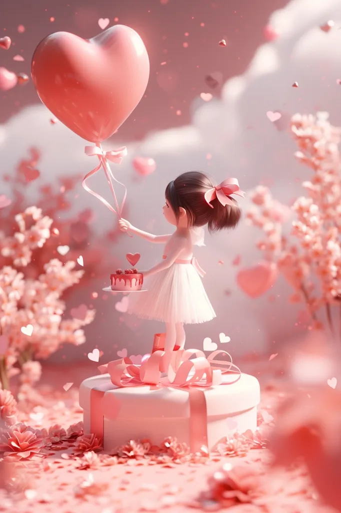 A cute, cartoon-style girl in a white dress holds a heart-shaped balloon and a small cake. She stands on top of a large, heart-shaped gift box surrounded by pink flowers and confetti. The background is a soft, pink and white, with a cloud-like sky and small hearts floating in the air. The scene is bright, whimsical, and romantic.
