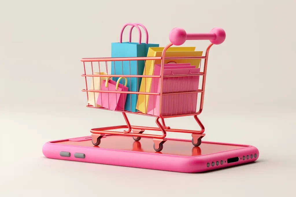 A red shopping cart filled with colorful shopping bags is sitting on top of a pink smartphone. The cart has a pink handle and the smartphone has a white background. The image is a representation of online shopping and the convenience of purchasing goods from the comfort of home.