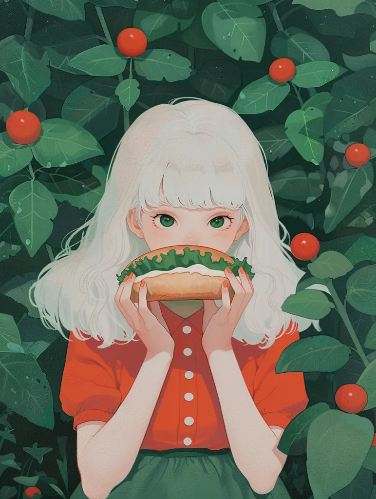 A young woman with long white hair is standing in front of a lush green bush. She is wearing a red shirt and green skirt. She is holding a hot dog in front of her face, and there are red berries scattered around the bush. The image is soft and whimsical, with a lighthearted and playful tone.