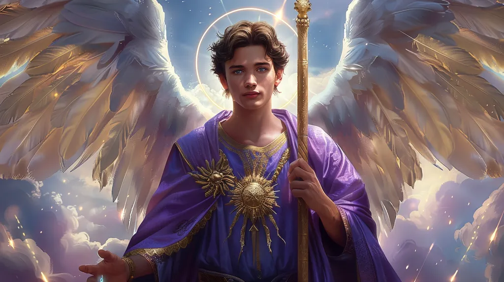 The image depicts a young, handsome angel with large white wings. He is wearing a purple robe with gold accents and a golden sun pendant. He holds a staff in his right hand and looks towards the viewer. The background shows a bright, heavenly sky with clouds. The image has a sense of peace and spirituality.  The angel is depicted as a being of light, beauty and goodness.  He stands confidently and is ready to offer his protection and guidance.