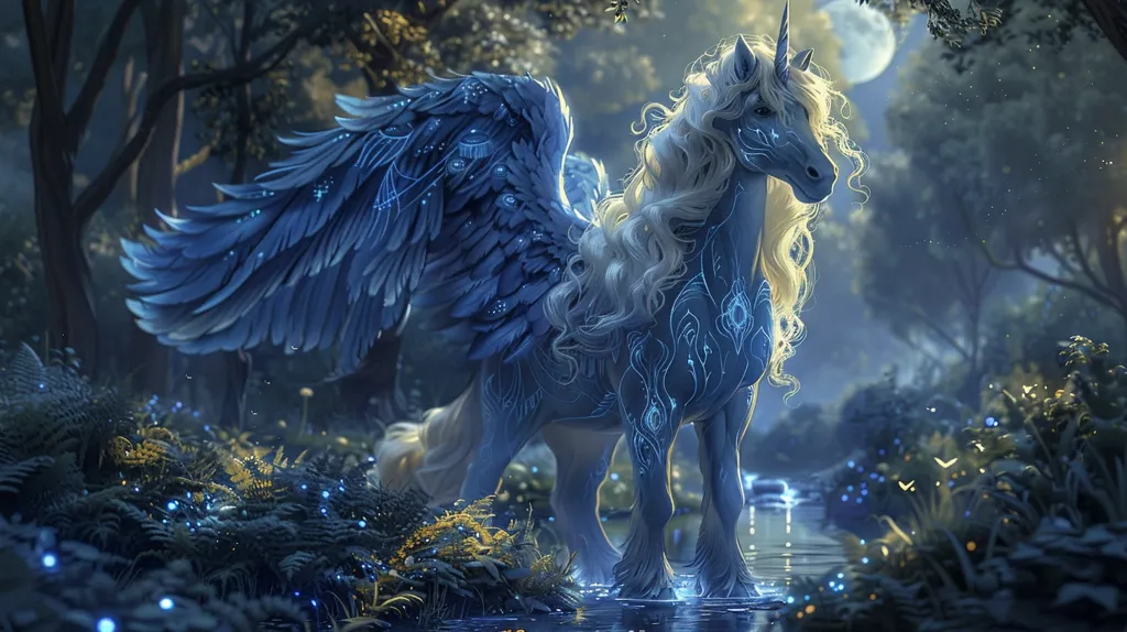 A majestic, blue-toned unicorn with large, feathery wings stands in a moonlit forest. The unicorn's coat is adorned with shimmering blue patterns, and its long, flowing mane and tail are a stark white. The forest is alive with light from the moon and fireflies, creating a magical atmosphere. The unicorn appears to be gazing off into the distance, lost in thought.
