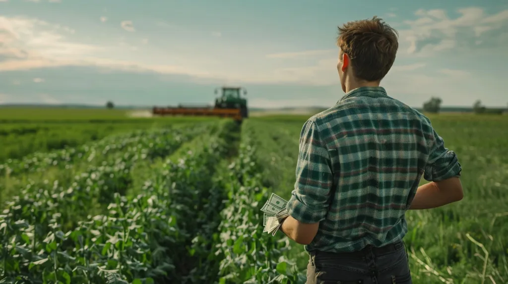 A farmer in a plaid shirt walks through a field of crops, holding a wad of cash in his back pocket. A tractor is visible in the distance, working the land. The sun shines down on the lush green landscape, creating a sense of hope and prosperity.  The image evokes a feeling of hard work, success, and the rewards of agriculture.