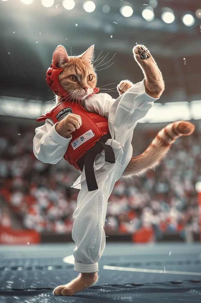 A ginger cat dressed in a white karate uniform, complete with a red chest protector and headgear, is mid-kick. The cat's right leg is extended and its paw is pointed towards the camera. The cat is standing on a blue mat in an arena, with a blurred audience in the background.  The image is a humorous and lighthearted take on the martial art of karate, featuring a cat as the unlikely participant.