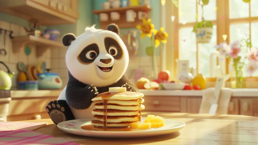 A cute, cartoon panda sits at a kitchen table with a plate of pancakes in front of him. He has a big smile on his face and seems happy with his breakfast. The table is made of wood and the background is a kitchen with a window and cabinets. The setting is warm and inviting.