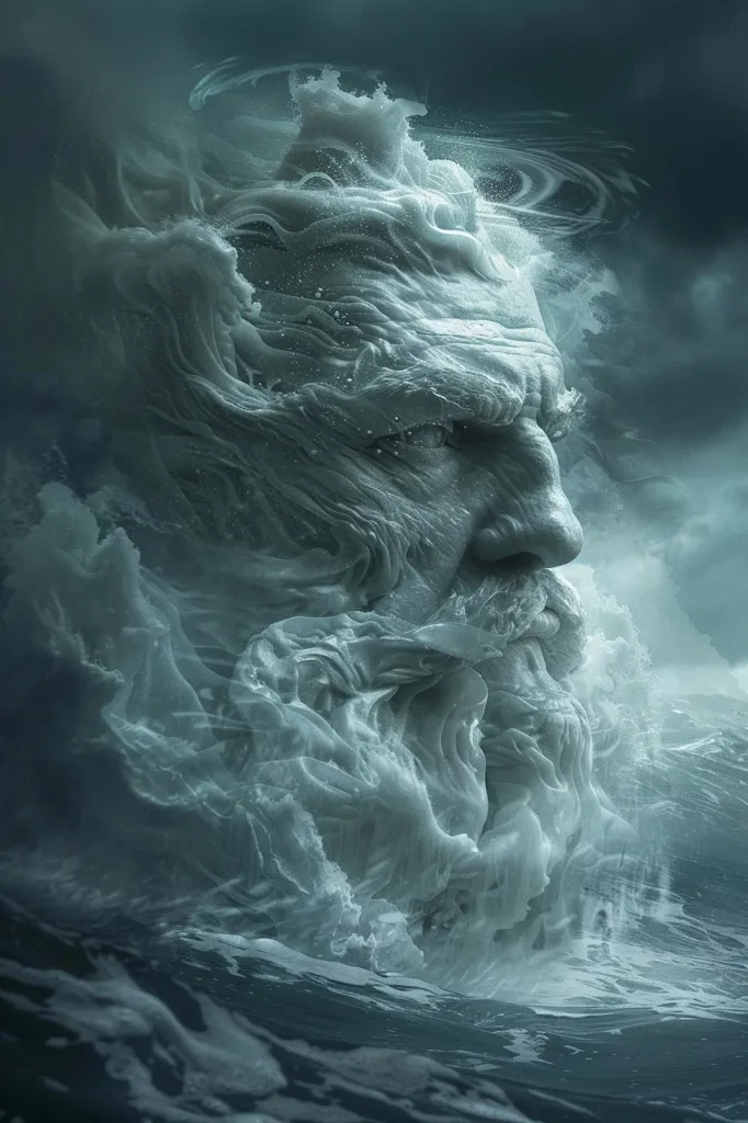 The image depicts a majestic and otherworldly figure composed of swirling, ethereal waves and foam. It appears to be a giant, sculpted from the very essence of the sea, its face gazing intensely towards the horizon. The figure's features are barely discernable, obscured by the flowing, ethereal texture, creating an enigmatic and awe-inspiring presence. The background is a stormy sky, adding to the dramatic and powerful atmosphere of the scene.