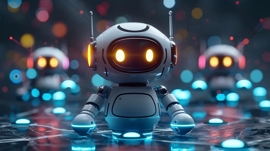 A white robot with glowing orange eyes stands in the center of the image, surrounded by other robots and glowing blue orbs. The robot has a round body and jointed limbs, with antennas extending from its head. The background is blurred and features a dark cityscape with colorful lights. The image suggests a futuristic world inhabited by robots.