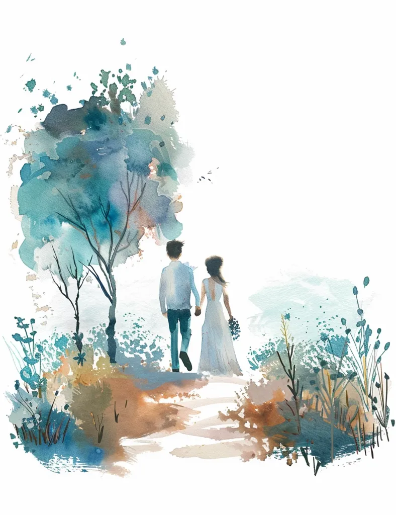 The image is a watercolor painting of a couple walking away from the viewer, hand in hand, down a path in a forest. The woman is wearing a white dress and the man is wearing a blue shirt and pants. The trees and foliage are painted in soft blues and greens, with hints of brown and gold. The image is a romantic and serene representation of love and togetherness.