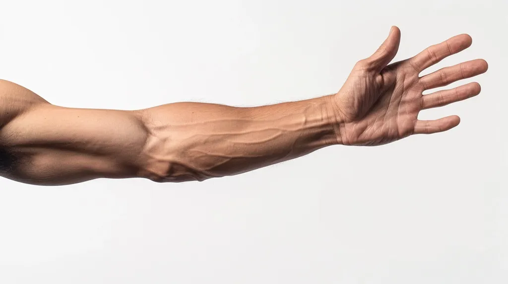 The image shows a man's arm, extended with his palm facing forward. The arm is muscular, with visible veins. The background is a simple white, highlighting the details of the arm. The overall impression is one of strength and masculinity.