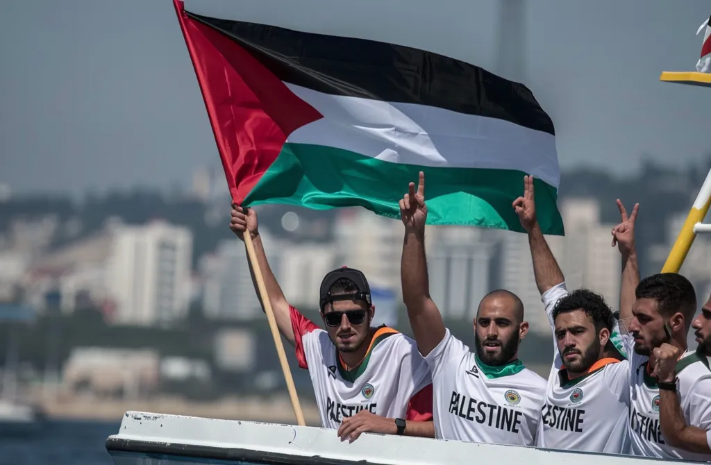 A group of men are on a boat, holding up the Palestinian flag and making peace signs with their hands. They are wearing white shirts with the word "Palestine" written on them.  The men are smiling and appear to be celebrating. In the background, there are buildings and a body of water. The image conveys a sense of unity and pride in Palestinian identity.