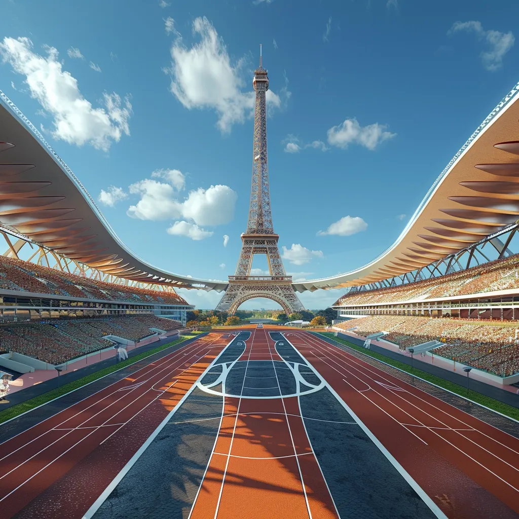 The Eiffel Tower stands tall in the center of a futuristic stadium. The stadium features a large, open-air track with red lanes and a basketball court in the middle. The stands are full of spectators, creating a vibrant atmosphere. The sky is clear and blue with white clouds, adding to the picturesque scene.  The image depicts a unique and impressive blend of architecture and sport.