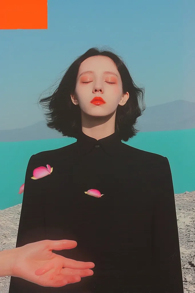A young woman with short black hair and bright red lips stands in front of a turquoise body of water. She is wearing a black collared shirt and has her eyes closed. Two pink rose petals float in front of her, and a hand reaches out from the bottom of the frame. The image has a vintage, dreamlike quality.