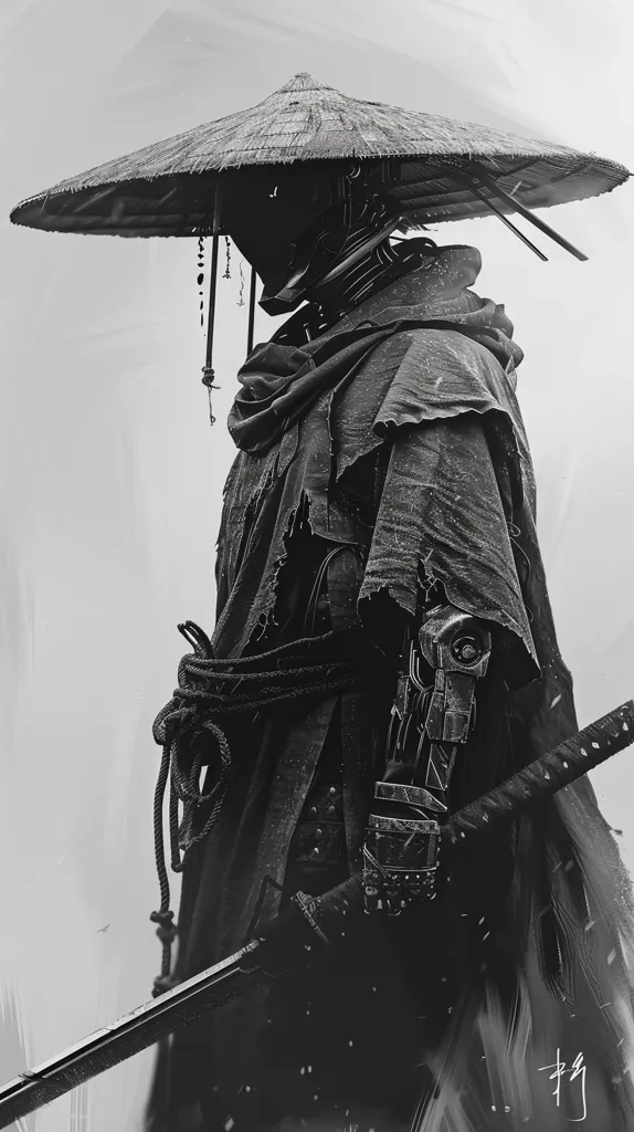 A shadowy figure, clad in a tattered cloak and a large, conical hat, stands with their back to the viewer. Their right arm is a mechanical construct, holding a long, sharp blade. The scene is rendered in stark black and white, creating a sense of mystery and intrigue.