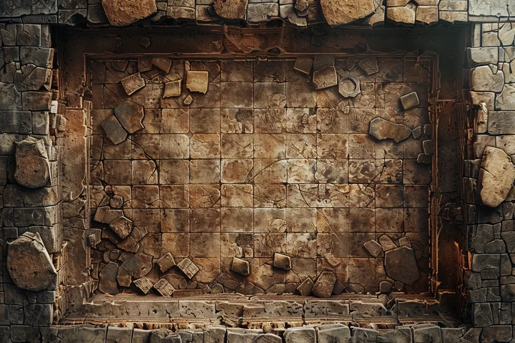 The image shows a top-down view of a ruined stone room. The floor is made of large, square tiles, many of which are cracked and broken. The walls are also made of stone, and they are crumbling and weathered. The room is dimly lit, and there are shadows cast from the surrounding rubble.  The scene creates a sense of mystery and adventure.  The room could be a dungeon, a crypt, or a forgotten temple.