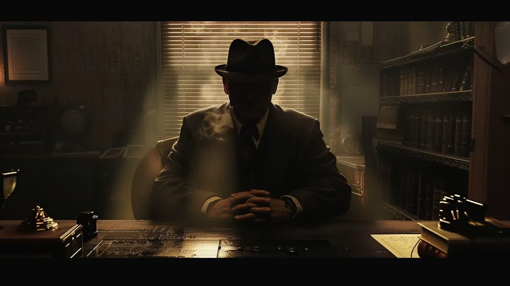 A man in a fedora sits in a dimly lit room, his face obscured by shadows. He is dressed in a suit and tie, his hands folded in his lap. A bookshelf lined with books is visible to the right, and a ray of sunlight shines through a window behind him, casting a spotlight on his silhouette. The room has a vintage, mysterious atmosphere.