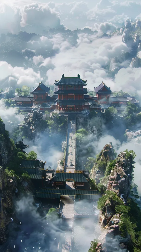 The image depicts a majestic Chinese temple complex nestled amidst a breathtaking mountain landscape. The temple, adorned with intricate architecture and vibrant colors, stands proudly on a clifftop, its rooflines reaching towards the heavens. A winding path leads up to the temple, disappearing into a sea of clouds that envelop the mountain peaks, creating a sense of mystique and otherworldliness. The lush greenery and towering rock formations add to the scene's grandeur, making it a captivating portrayal of nature's beauty and architectural brilliance.