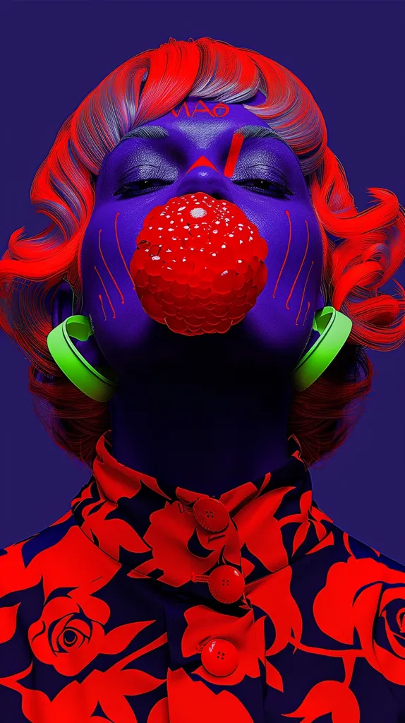 A woman with bright red hair and blue skin wears a red and black floral patterned jacket. She is holding a large, red, bubble-like object in her mouth. Her eyes are closed and she is wearing green earrings. The background is a dark purple. The image is a colorful and stylized portrait.