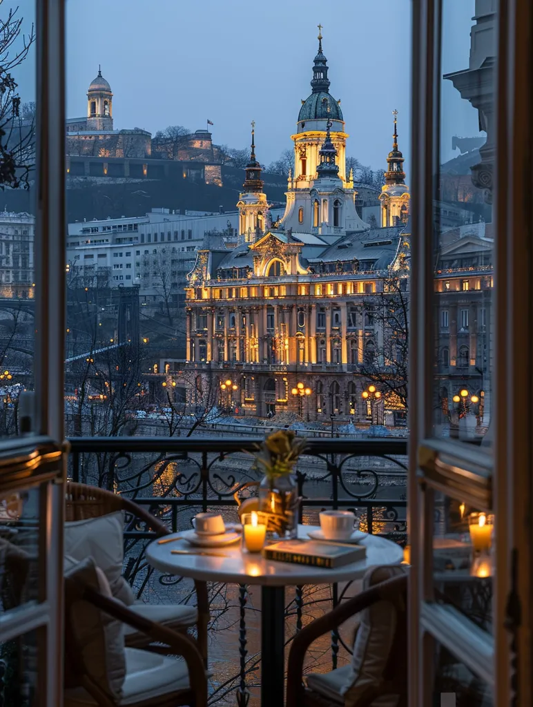 The image shows a cozy balcony setting with two chairs, a table, and candles.  A breathtaking view of a European cityscape, featuring ornate buildings and a river, is visible through a large window. The city is lit up by twinkling lights, creating a magical ambiance. The scene exudes a sense of tranquility and romanticism.