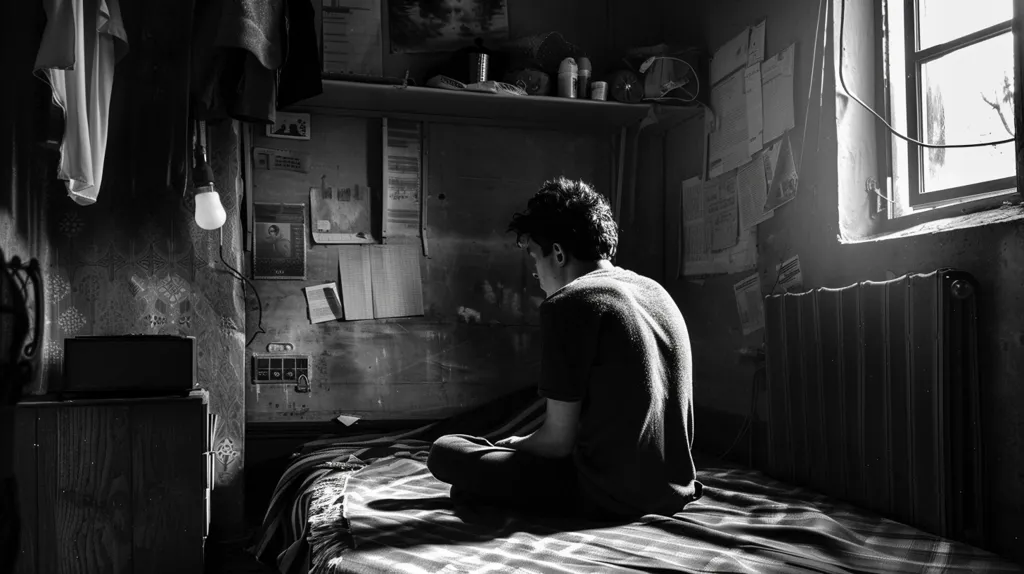 The black and white image shows a young man sitting on a bed in a sparsely furnished room. He is looking down, his face obscured by the shadows. The room is cluttered with various objects, including a shelf, a radiator, and a window. The light from the window illuminates the room, casting long shadows on the walls. The overall mood of the image is one of loneliness and isolation.