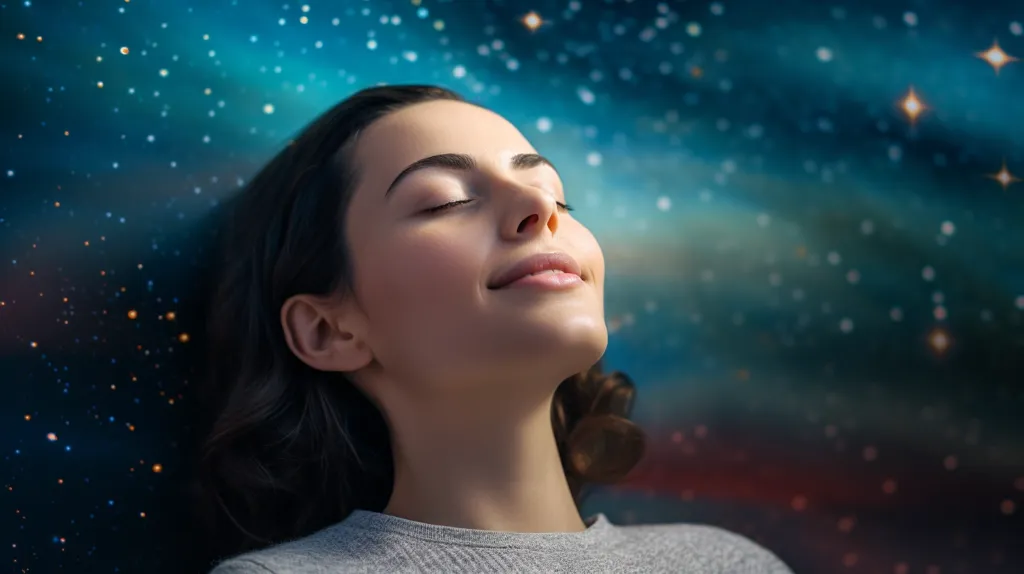 A young woman with dark hair is lying down, her eyes closed, against a background of a star-filled night sky. Her face is serene and relaxed, suggesting she is asleep or in a state of deep peace. The twinkling stars and the soft blue hues of the night sky create a peaceful and dreamy atmosphere.