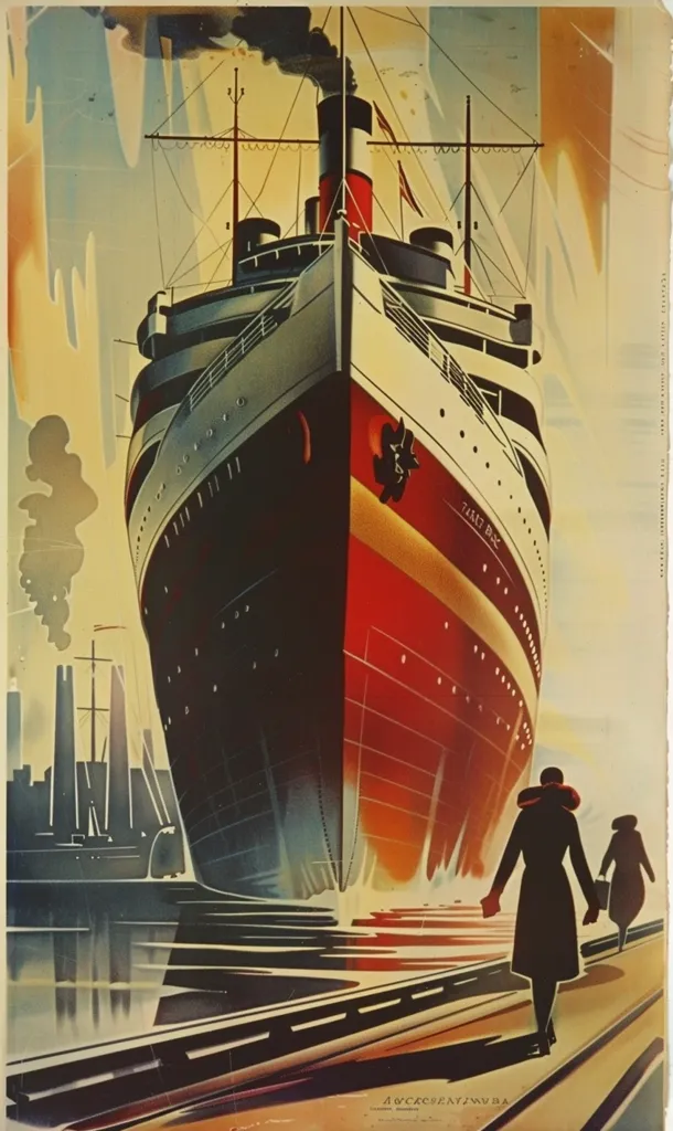 The image is a vintage poster featuring a large ship called "Fleet-Wing" docked at a pier. The ship's bow is prominent, painted in a vibrant red with a white stripe and a yellow accent. The poster's colors are bold and stylized, giving it a retro feel. Two figures in silhouette walk towards the ship, creating a sense of anticipation. The poster evokes a feeling of travel, adventure, and the grandeur of the ocean liner era.  The background includes smokestacks from a nearby factory, adding a touch of industrial context. The poster is likely advertising a voyage or the ship itself.