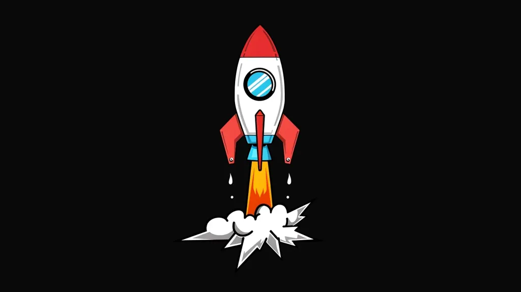 A cartoon rocket ship blasts off into space, leaving a trail of orange flames and a cloud of smoke behind it. The rocket is red, white, and blue, and it has a porthole window. The background is black. The image is a simple and fun illustration of a rocket taking off.