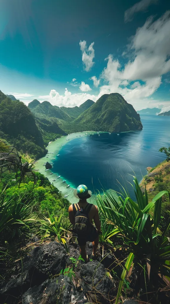 A lone hiker stands on a rocky cliff, overlooking a breathtaking bay surrounded by lush green mountains. The turquoise waters shimmer under a bright blue sky dotted with fluffy white clouds. The scene exudes tranquility and offers a glimpse into the beauty of nature.  The hiker's small figure emphasizes the vastness of the landscape, showcasing a sense of adventure and exploration.