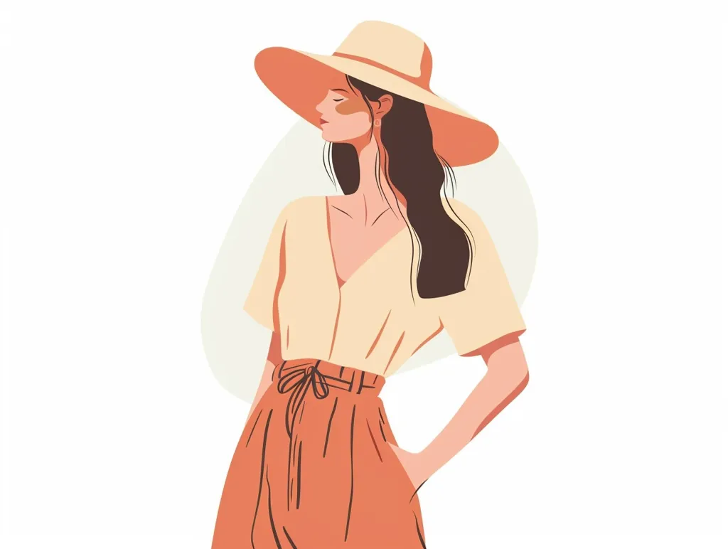 A woman with long dark hair is wearing a wide-brimmed straw hat, a light yellow top, and an orange skirt with a bow. Her hand is in her pocket as she stands and looks off to the side. The background is a simple white with a muted tan circle behind her. The image is drawn in a minimalist style.