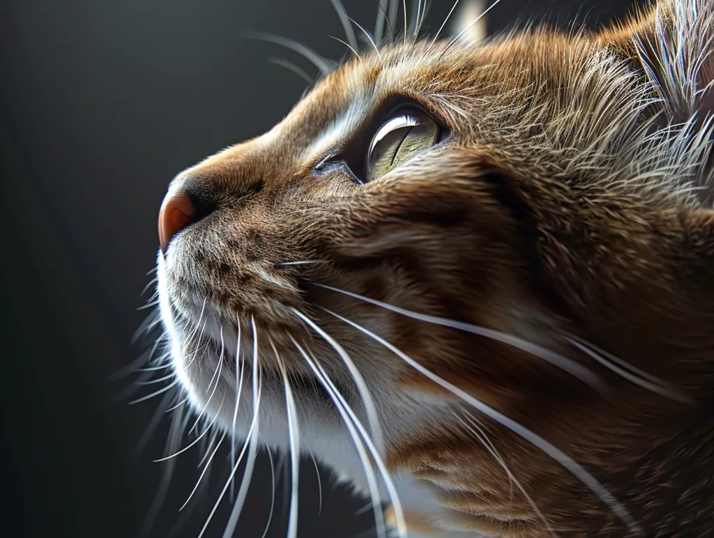 The image shows a close-up of a tabby cat's face. The cat's eye is partially visible, and its whiskers are prominent. The cat's fur is a mix of brown, white, and black. The image is captured in a dimly lit environment, creating a dramatic effect. The cat's expression is alert and inquisitive, suggesting it is paying close attention to something off-camera. The image emphasizes the cat's delicate features and its wild, natural beauty.