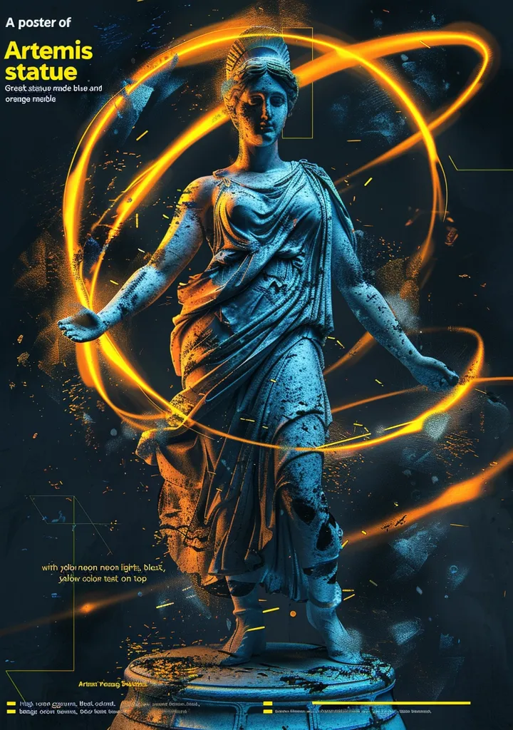 The image is a poster featuring a blue and orange marble statue of Artemis. The statue is depicted in a dramatic pose, with her arms outstretched and her head tilted slightly upwards. The background is a dark and gritty, with streaks of yellow light emanating from the statue. The poster is titled "A poster of Artemis statue" and features the text "Great statue made blue and orange marble" and "with yellow neon lights, black, yellow color text on top." The poster gives a sense of mystery and power.