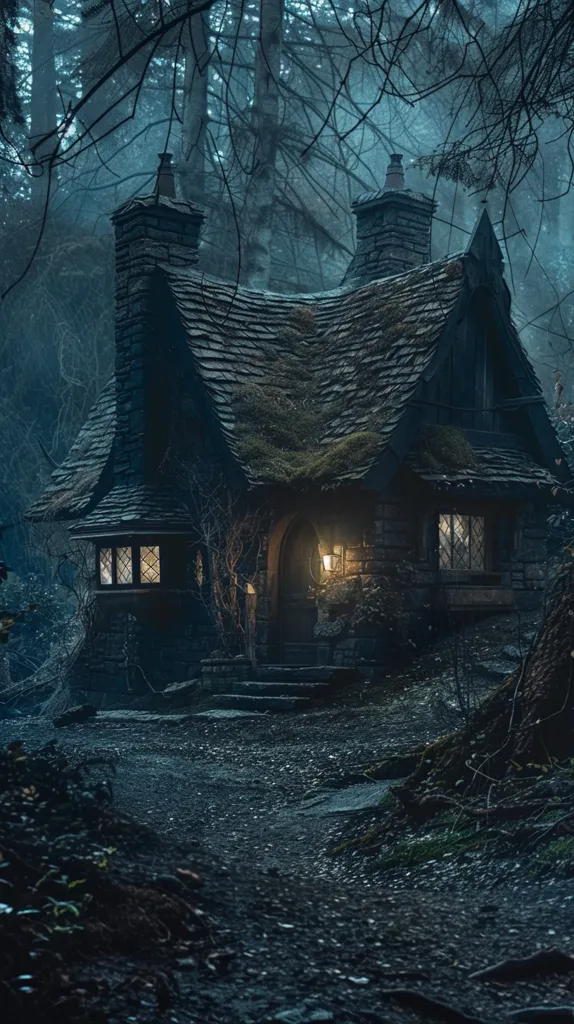 A small, stone cottage with a thatched roof sits nestled in a dark, misty forest. The windows glow with warm light, contrasting with the shadowy trees and the foreboding atmosphere. The path leading to the cottage is barely visible, disappearing into the depths of the woods. The scene is mysterious and inviting, suggesting a story waiting to be told.