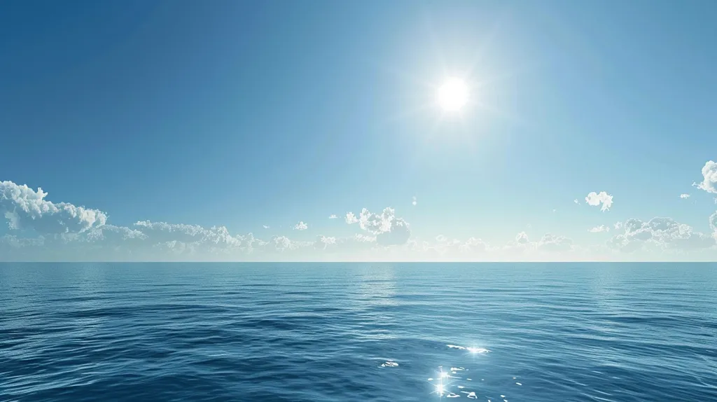 The image shows a vast expanse of calm, blue ocean under a clear, bright sky. The sun shines brightly, casting a gentle glow on the water. A few fluffy white clouds drift across the horizon, adding a touch of movement to the peaceful scene. The ocean appears serene and inviting, with a sense of tranquility and endless possibility.