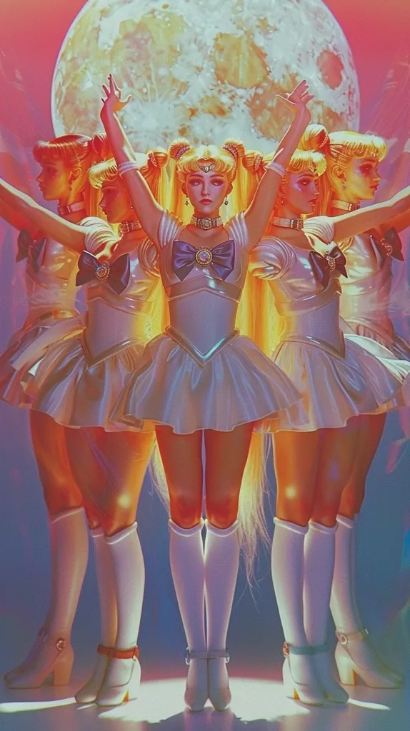 Four women with long blonde hair are dressed in white dresses and thigh-high socks, standing in a row. The woman in the center, with a crown, appears to be the most prominent. A full moon hangs in the background, casting a warm glow over the scene. The image has a nostalgic and whimsical feel, reminiscent of anime or fantasy art.