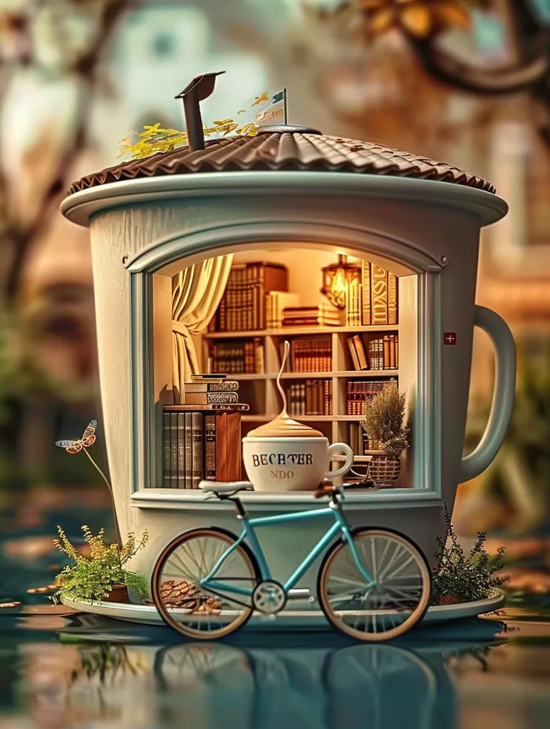 A whimsical scene featuring a giant teacup transformed into a miniature house. Inside, a cozy library is illuminated by a warm lamp, and a small bicycle sits outside. The teacup rests on a saucer, reflecting in a pool of water, creating a magical, fairytale-like atmosphere.  A butterfly flutters nearby, adding to the whimsical ambiance.