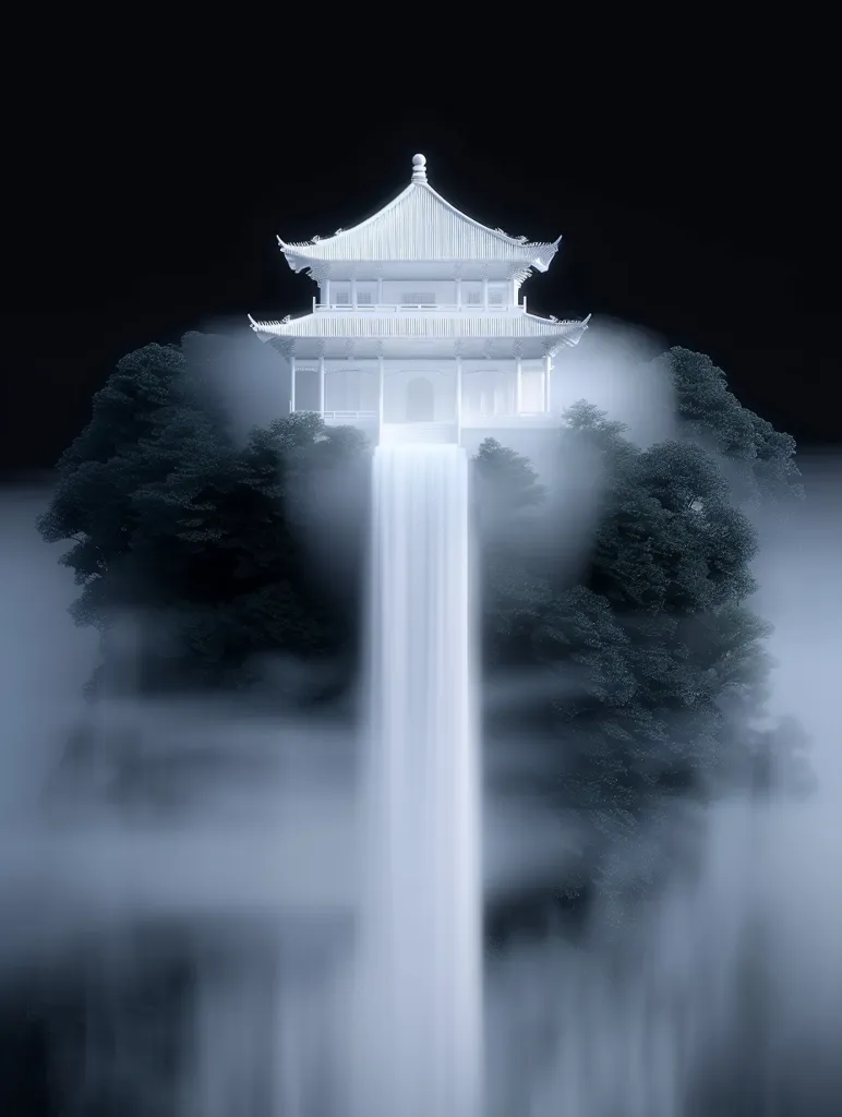 A white, traditional Chinese pagoda sits atop a misty, forested cliff. A cascading waterfall flows from the pagoda, creating a ghostly and ethereal scene. The image evokes a sense of mystery and tranquility, with the soft, muted tones adding to the ethereal atmosphere.