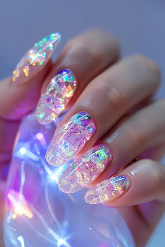 A hand with long, oval-shaped nails is shown with a delicate, iridescent design. The nails are painted with a light pink base, with transparent, holographic glitter designs that resemble jellyfish.  The hand is holding a translucent object that is emitting soft, colorful light, creating a dreamy and ethereal atmosphere. The nails are a striking contrast to the soft, light background, creating a vibrant and captivating visual.