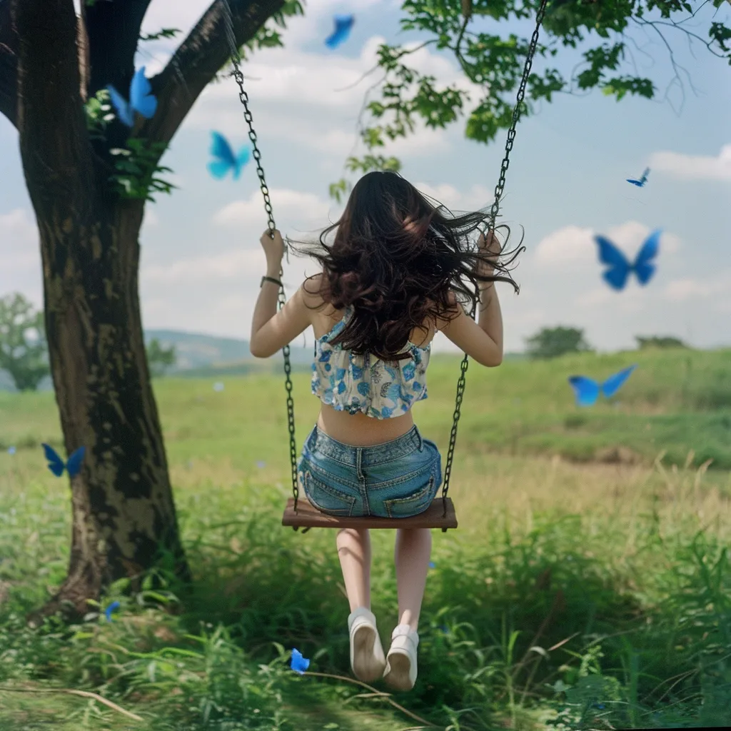 A young woman with long dark hair swings on a swing in a grassy field. She is wearing a floral crop top and denim shorts. Blue butterflies flutter around her, adding a whimsical touch to the scene. The setting is idyllic, with a large tree and lush greenery in the background. The image captures a sense of carefree joy and the simple pleasures of childhood.