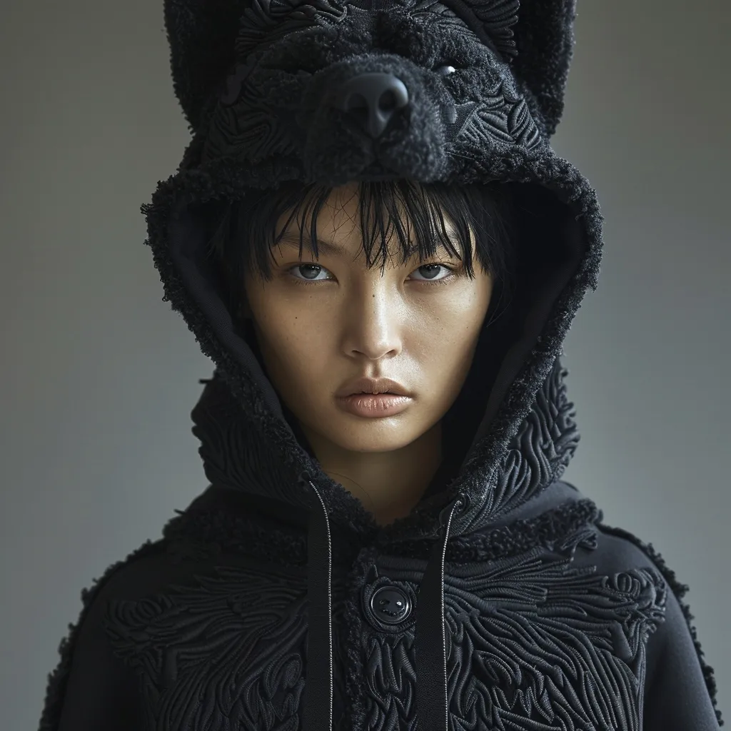 A person is wearing a black hooded jacket with an intricate wolf design. The hood is pulled up, framing their face with the wolf's head. The person has short black hair and a serious expression. The background is a plain grey. The lighting is soft, highlighting the textures and details of the jacket.