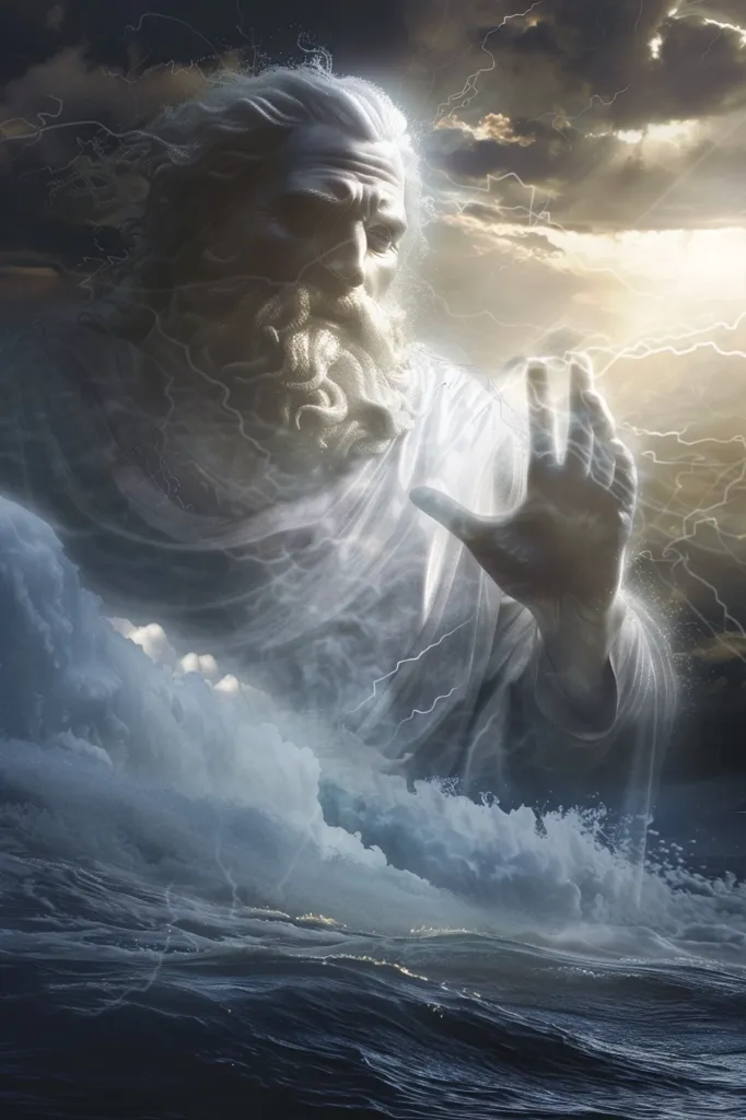 The image depicts a powerful, ethereal figure resembling a god, with a long beard and flowing robes. He stands above a stormy sea, his hand raised as if commanding the elements.  The sky is filled with dramatic, swirling clouds and flashes of lightning, creating a sense of awe and reverence. The figure's white, semi-transparent form suggests a divine presence, while the churning waters below emphasize the power of nature.
