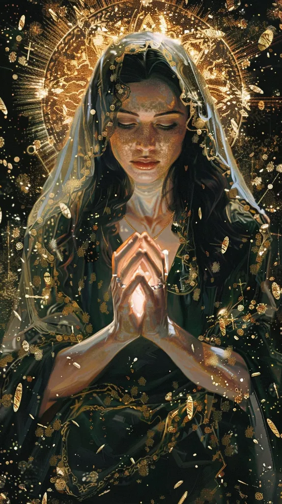 The image depicts a woman with long dark hair, dressed in a dark green gown adorned with gold embellishments. She wears a sheer veil, and her hands are clasped together in prayer. The background is a swirling mass of gold and black, with an aura of light emanating from her. The overall image is mystical and atmospheric.