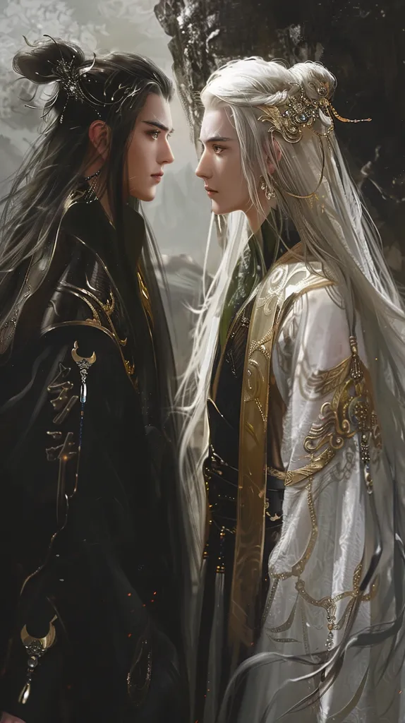 The image depicts two men, one with long black hair and the other with long white hair, standing close to each other. The man with black hair is dressed in black and gold attire, while the man with white hair is wearing white and gold attire. Both men are adorned with elaborate accessories, including jeweled hairpieces and necklaces. The image evokes a sense of mystery and intrigue.  They appear to be in a close relationship, possibly romantic.  The background is blurred and indistinct.