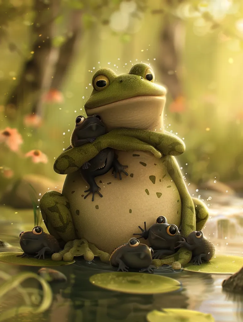 A large green frog sits on a lily pad, its arms wrapped around a smaller frog. Three other small frogs are clustered around the larger frog's legs, their big eyes staring out. The background is a soft blur of green and yellow, creating a serene and whimsical atmosphere. The image is a charming depiction of a frog family enjoying a moment of togetherness.