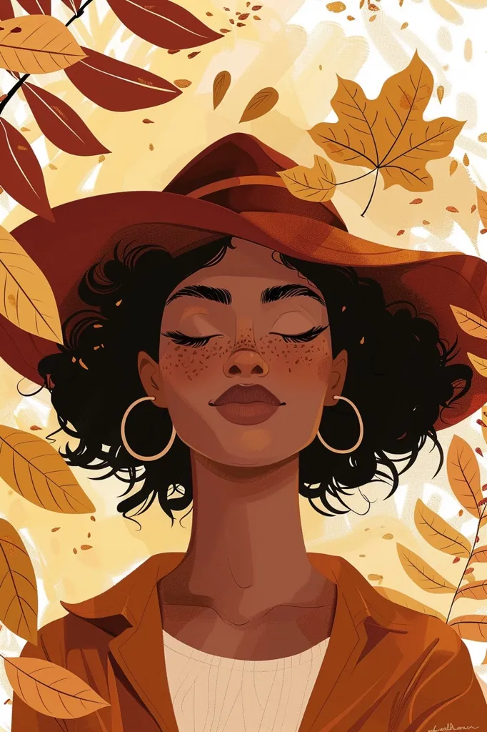 The illustration depicts a woman with dark brown skin, short curly hair, and freckles. She is wearing a brown hat and a brown jacket.  Her eyes are closed and she has a serene expression. The background features falling autumn leaves, creating a warm and cozy ambiance. The image evokes a sense of peace and tranquility, perhaps suggesting a moment of reflection or appreciation for the beauty of nature.