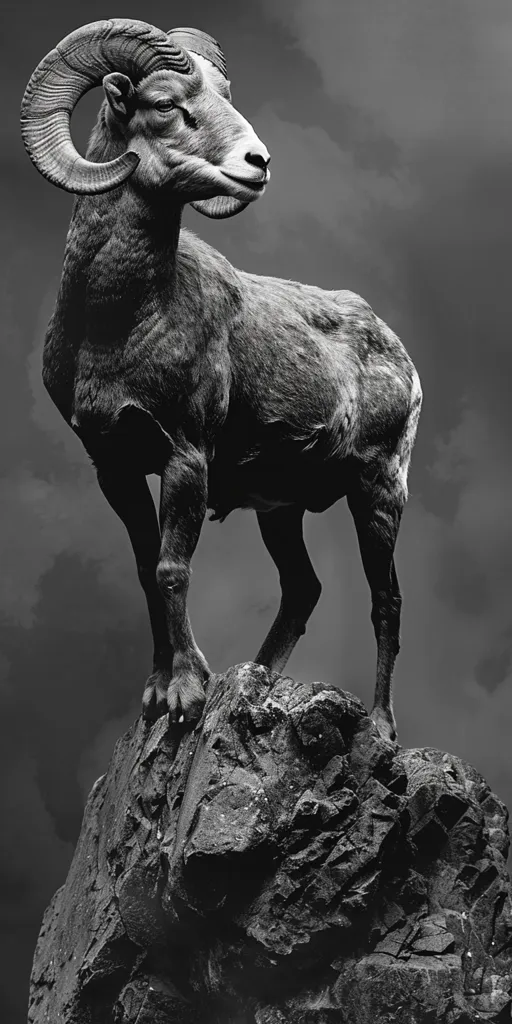 A majestic ram with large curled horns stands proudly on a rocky outcropping, its powerful physique and determined gaze captured in a black and white photograph. The ram's muscular legs and thick fur are evident, while the rough texture of the rock beneath it adds to the image's wild and untamed aesthetic. The cloudy sky in the background suggests a sense of drama and power.  The image is a study in contrast, with the dark ram silhouetted against the lighter sky.