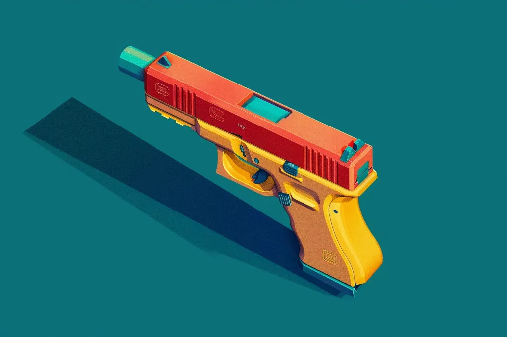 A red and yellow handgun with a black barrel and blue sights is depicted in an isometric view.  The gun has a shadow beneath it. The background is teal.  The gun has a red slide, a yellow frame, a black barrel, and blue sights.