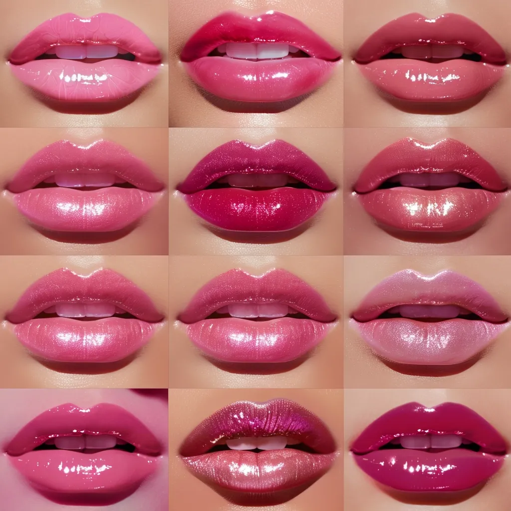 A collage of twelve close-up photos showcasing various shades of pink and red glossy lipstick. Each photo captures a different lip shape and shade, highlighting the vibrancy and shine of the lip gloss. The close-up perspective emphasizes the texture and detail of the lips, creating a visual feast of color and shine.